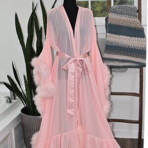 Feather Trim Sheer Long Robe